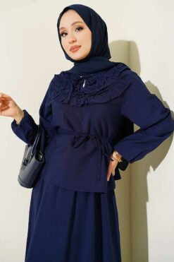 Alternatieve weergave van Ruffled Neck Tie Waist Skirted Two-Piece Set Navy Blue