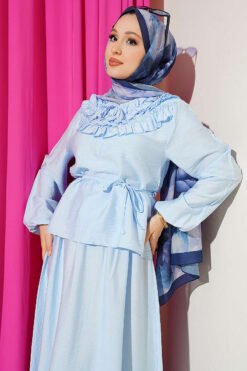 Alternatieve weergave van Ruffled Neck Tie Waist Skirted Two-Piece Set Blue