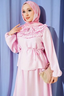 Alternatieve weergave van Ruffled Neck Tie Waist Skirted Two-Piece Set Pink