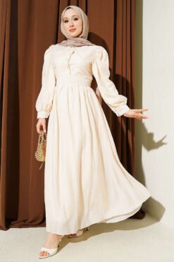 Lace Collar Balloon Sleeve Dress Beige