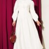 Lace Collar Balloon Sleeve Dress Ecru