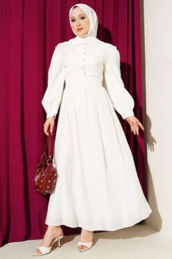 Lace Collar Balloon Sleeve Dress Ecru
