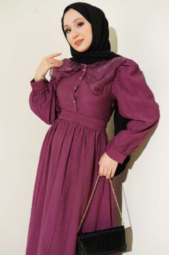 Vista alternativa de Lace Collar Balloon Sleeve Dress Purple