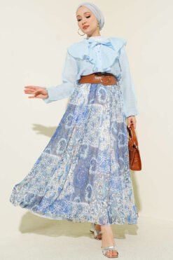 Ruffled Collar Printed Skirt Set Baby Blue
