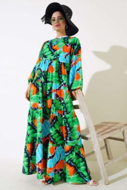 Tie Neck Batwing Sleeve Dress Green