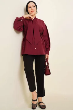 Alternative view of Collar Tie Waist Poplin Shirt Burgundy