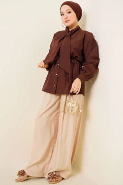 Alternative view of Collar Tie Waist Poplin Shirt Brown