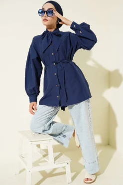 Alternative view of Collar Tie Waist Poplin Shirt Navy Blue