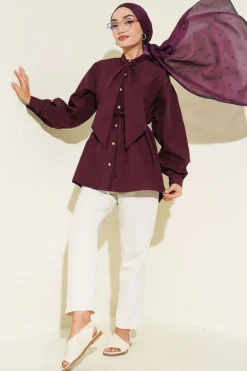 Alternative view of Collar Tie Waist Poplin Shirt Plum