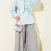 Collar Tie Waist Poplin Shirt Blue - immagine 2