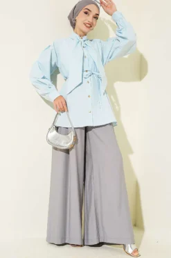 Alternative view of Collar Tie Waist Poplin Shirt Blue