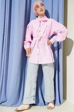Alternative view of Collar Tie Waist Poplin Shirt Pink