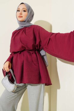 Pleated Collar Relaxed Tunic Burgundy