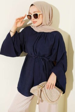 Pleated Collar Relaxed Tunic Navy Blue