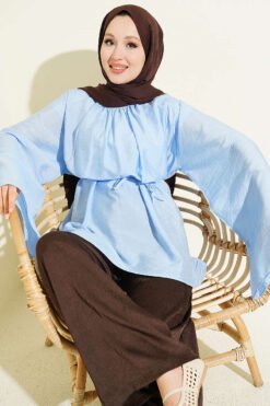 Pleated Collar Relaxed Tunic Blue