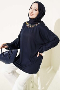 Floral Embroidered Collar Tunic Navy Blue