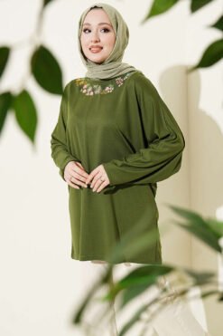 Floral Embroidered Collar Tunic Green