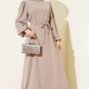 Balloon Sleeve Evening Dress with Stone-Embellished Collar Beige