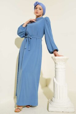 Balloon Sleeve Evening Dress with Stone-Embellished Collar Indigo