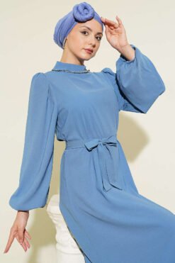 Alternatieve weergave van Balloon Sleeve Evening Dress with Stone-Embellished Collar Indigo