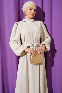 Alternative view of Balloon Sleeve Evening Dress with Stone-Embellished Collar Stone