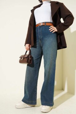 Seamless Side Wide-Leg Belted Denim Pants Dark Blue