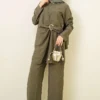 Side Gold Buckle Tunic Two-Piece Set Khaki