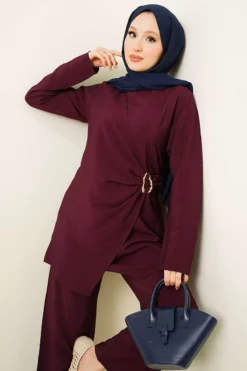 Alternative view of Side Gold Buckle Tunic Two-Piece Set Plum