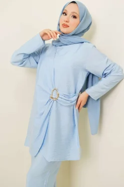 Alternative view of Side Gold Buckle Tunic Two-Piece Set Blue