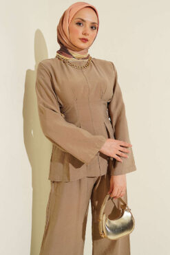 Alternative view of Pleated Two-Piece Set with Side Gold Buckle Beige