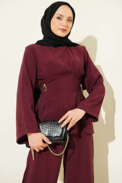 Alternative view of Pleated Two-Piece Set with Side Gold Buckle Burgundy
