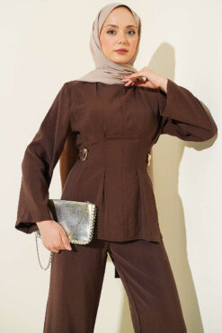 Alternative view of Pleated Two-Piece Set with Side Gold Buckle Brown