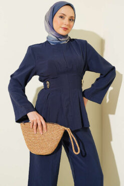 Alternative view of Pleated Two-Piece Set with Side Gold Buckle Navy Blue