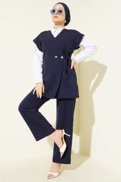 Side Tie Vest Set Navy Blue