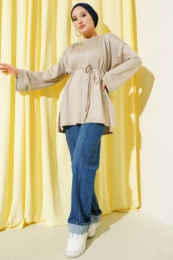 Vue alternative de Side Slit Double Sleeve Tunic Beige