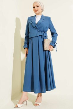 Side-Tied Jacket and Skirt Two-Piece Set Indigo