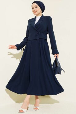 Side-Tied Jacket and Skirt Two-Piece Set Navy Blue