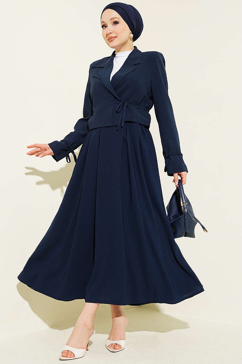 Side-Tied Jacket and Skirt Two-Piece Set Navy Blue