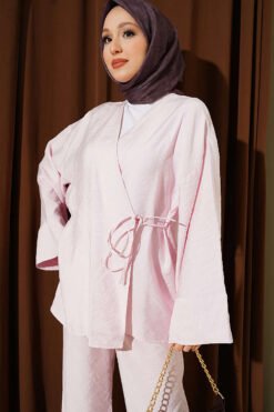 Alternatieve weergave van Side Tie Kimono Two-Piece Set Pink