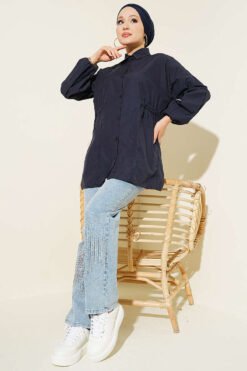 Vista alternativa di Gathered Sides Elastic Shirt Navy Blue