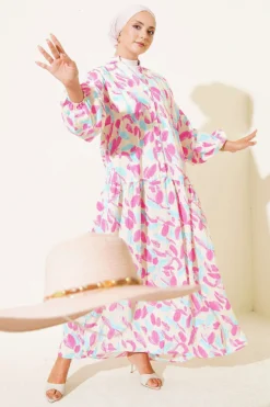 Leaf Pattern Buttoned Mandarin Collar Dress Fuchsia