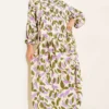 Leaf Pattern Buttoned Mandarin Collar Dress Khaki