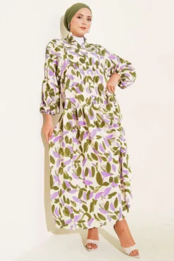 Leaf Pattern Buttoned Mandarin Collar Dress Khaki