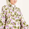 Leaf Pattern Buttoned Mandarin Collar Dress Khaki - Image 2