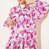 Leaf Pattern Buttoned Mandarin Collar Dress Lilac – Image 2