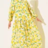Leaf Pattern Buttoned Mandarin Collar Dress Yellow
