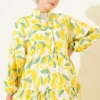 Leaf Pattern Buttoned Mandarin Collar Dress Yellow – Image 2