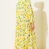 Leaf Pattern Buttoned Mandarin Collar Dress Yellow – Image 3