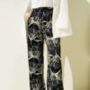 Leaf Pattern Satin Wide Leg Trousers Black