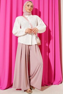 Vista alternativa di Leaf Embroidered Pearled Shirt Ecru